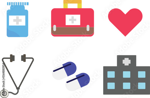 medical supplies, first aid kit, heart icon, stethoscope, headphones, hospital building
