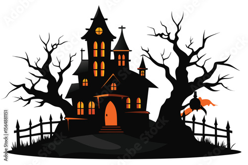 Spooky Halloween Haunted House with Bare Trees and Fence Illustration