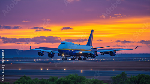 Wallpaper Mural Side view of a large passenger jet on tarmac, golden sunset sky behind with scattered clouds, runway lights beginning to glow, capturing the anticipation of air travel and aviation Torontodigital.ca