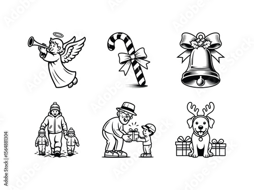 Angel blowing trumpet candy cane bell gift exchange grandfather grandson dog with antlers christmas halo