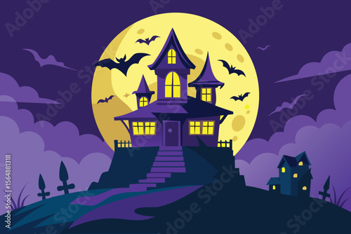 Spooky Haunted House on a Hill with Full Moon and Bats