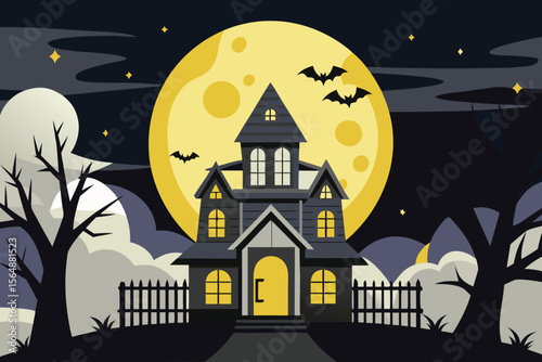 Spooky haunted house with bats and a full moon on Halloween night