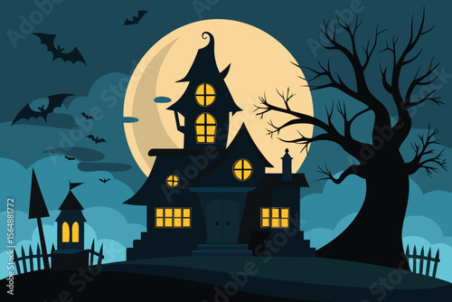 Spooky Haunted House on Halloween Night with Full Moon and Bats