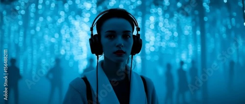 Woman exploring futuristic light installation wearing headphones in dreamy atmosphere