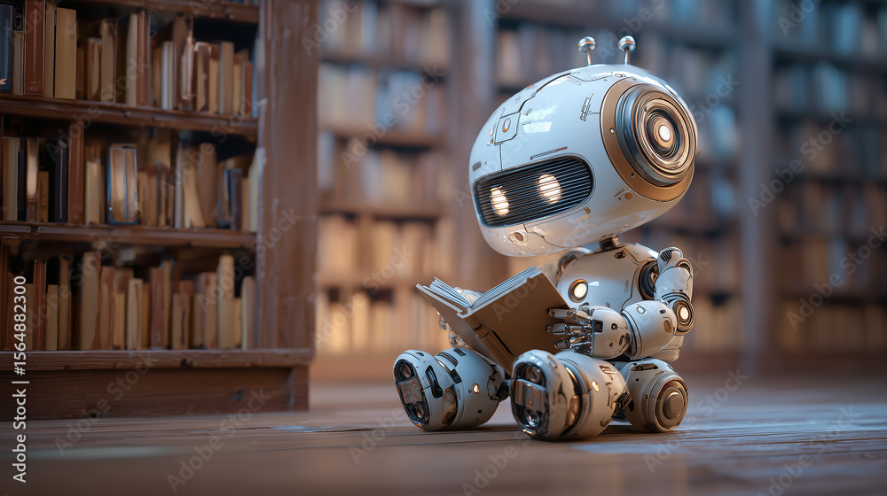 Fototapeta premium Cute futuristic robot reading book in library