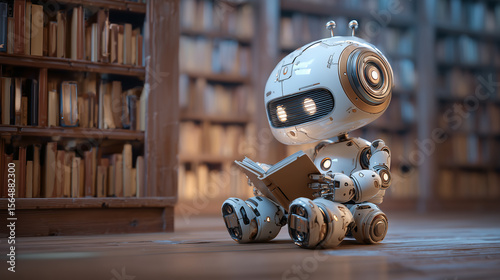 Cute futuristic robot reading book in library