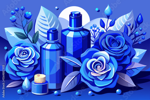 vector of Beautiful blue cosmetic bottles are displayed with delicate blue paper roses.