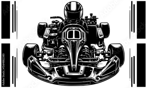 Detailed black and white illustration of a go-kart from a front view
