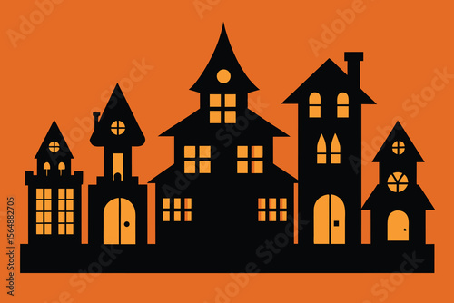 Spooky Halloween Houses Silhouette on Orange Background Illustration