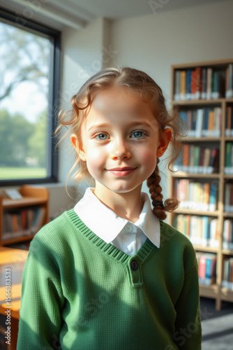 Smiling Girl in Green School Sweater in Library