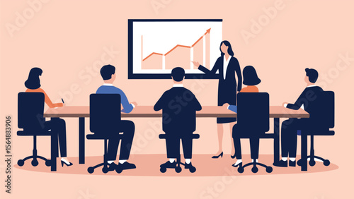 Business presentation with a woman presenting a chart to a group of people in a conference room setting