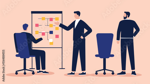 Business meeting with flowchart on whiteboard and three people in suits in a light room setting