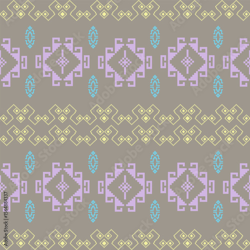An elegant and traditional Songket Padang textile pattern  geometric motifs in pastel colorful background. Classic Indonesian design symmetrical borders traditional weaving artistry