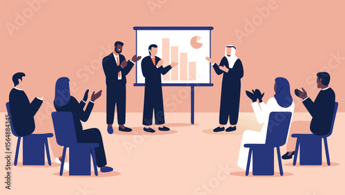 Diverse group of people at business presentation applauding with chart on a stand in a light room setting