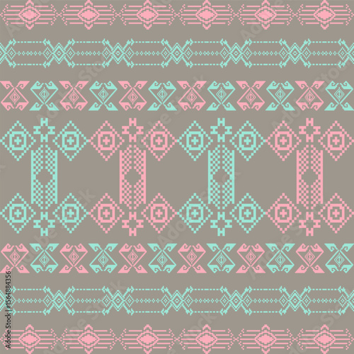 An elegant and traditional Songket Padang textile pattern  geometric motifs in pastel colorful background. Classic Indonesian design symmetrical borders traditional weaving artistry
