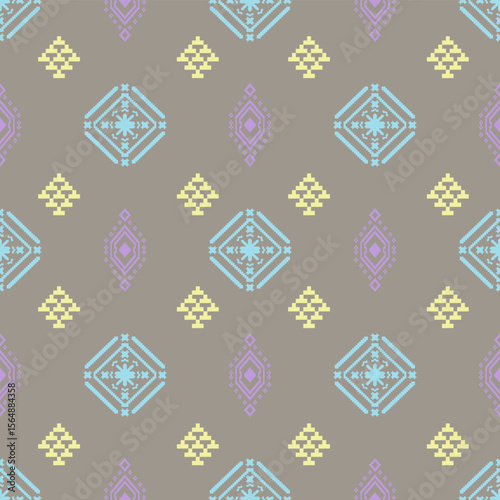 An elegant and traditional Songket Padang textile pattern  geometric motifs in pastel colorful background. Classic Indonesian design symmetrical borders traditional weaving artistry