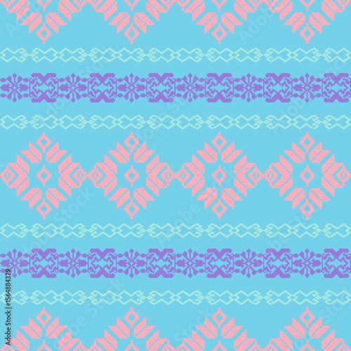 An elegant and traditional Songket Padang textile pattern  geometric motifs in pastel colorful background. Classic Indonesian design symmetrical borders traditional weaving artistry