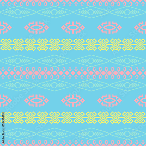An elegant and traditional Songket Padang textile pattern  geometric motifs in pastel colorful background. Classic Indonesian design symmetrical borders traditional weaving artistry