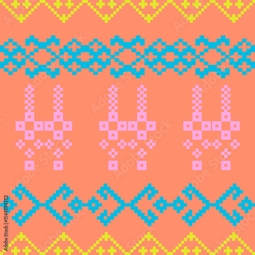 An elegant and traditional Songket Padang textile pattern  geometric motifs in pastel colorful background. Classic Indonesian design symmetrical borders traditional weaving artistry