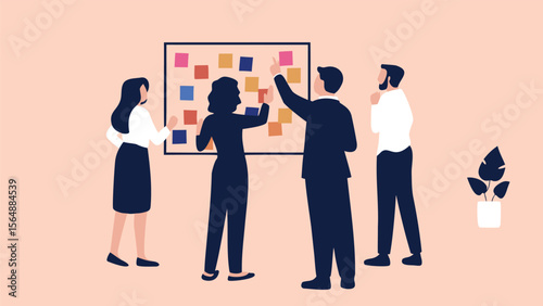 Team collaboration session with sticky notes on a board involving four people and a potted plant present