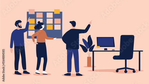 Three colleagues discussing ideas on a board in an office setting with a desk and computer present
