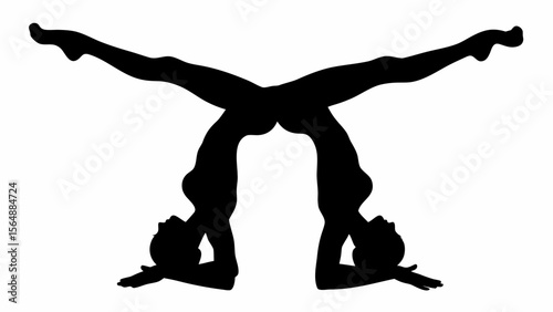 Silhouette of two women performing synchronized yoga poses with legs extended and heads touching each other