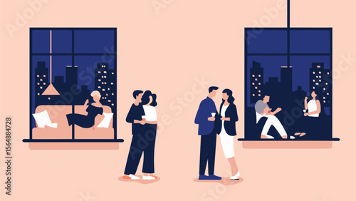 People socializing at a party with city views through windows in the background and soft lighting present