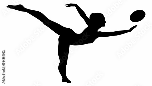 Silhouette of a woman balancing on one leg reaching for an oval shape object in the air with arm extended