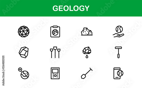 Geology, Unique Line Icon Collection. Creative, premium-quality outline icons featuring geological tools, stratigraphy, tectonic plates, and excavation symbols for scientific visuals.