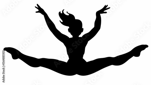 Silhouette of a woman doing a split with arms raised and hair flowing against a white background design