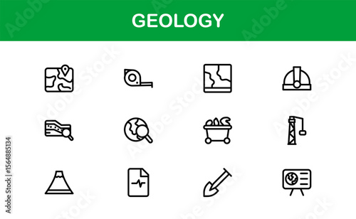 Geology, Unique Line Icon Collection. Creative, premium-quality outline icons featuring geological tools, stratigraphy, tectonic plates, and excavation symbols for scientific visuals.