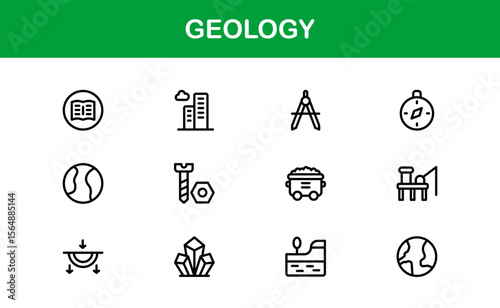 Geology, Unique Line Icon Collection. Creative, premium-quality outline icons featuring geological tools, stratigraphy, tectonic plates, and excavation symbols for scientific visuals.