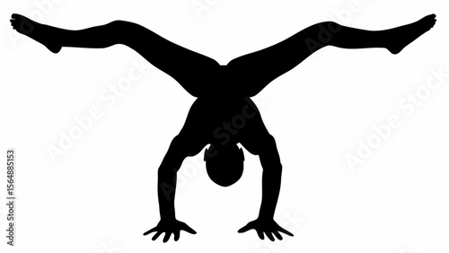 Silhouette of a person doing a handstand with legs spread wide apart against a white background view