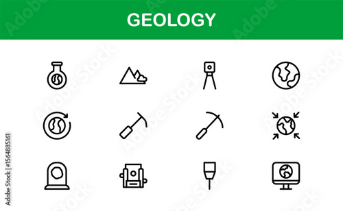 Geology, Unique Line Icon Collection. Creative, premium-quality outline icons featuring geological tools, stratigraphy, tectonic plates, and excavation symbols for scientific visuals.