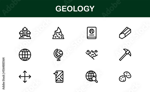 Geology, Unique Line Icon Collection. Creative, premium-quality outline icons featuring geological tools, stratigraphy, tectonic plates, and excavation symbols for scientific visuals.