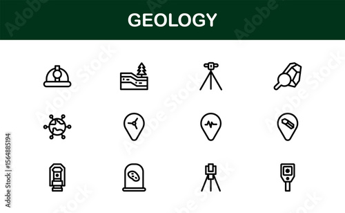 Geology, Unique Line Icon Collection. Creative, premium-quality outline icons featuring geological tools, stratigraphy, tectonic plates, and excavation symbols for scientific visuals.