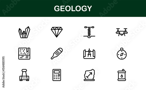 Geology, Unique Line Icon Collection. Creative, premium-quality outline icons featuring geological tools, stratigraphy, tectonic plates, and excavation symbols for scientific visuals.