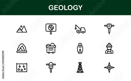 Geology, Unique Line Icon Collection. Creative, premium-quality outline icons featuring geological tools, stratigraphy, tectonic plates, and excavation symbols for scientific visuals.