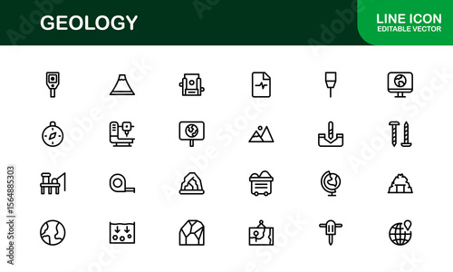 Geology, Unique Line Icon Collection. Creative, premium-quality outline icons featuring geological tools, stratigraphy, tectonic plates, and excavation symbols for scientific visuals.