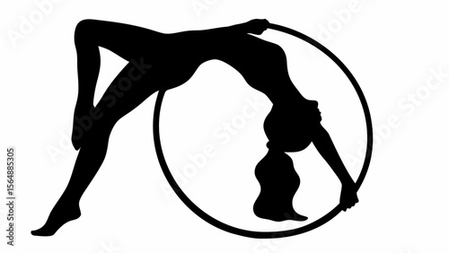 Silhouette of a woman performing aerial hoop acrobatics with arched back in a circular apparatus pose art