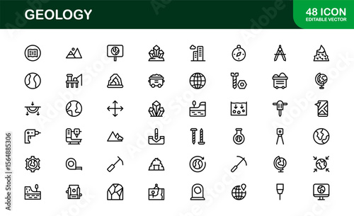 Geology, Unique Line Icon Collection. Creative, premium-quality outline icons featuring geological tools, stratigraphy, tectonic plates, and excavation symbols for scientific visuals.