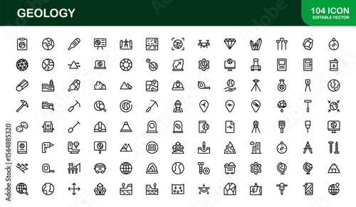 Geology, Unique Line Icon Collection. Creative, premium-quality outline icons featuring geological tools, stratigraphy, tectonic plates, and excavation symbols for scientific visuals.
