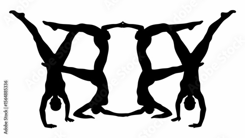 Silhouette of four figures performing acrobatic yoga poses in a mirrored symmetrical arrangement design
