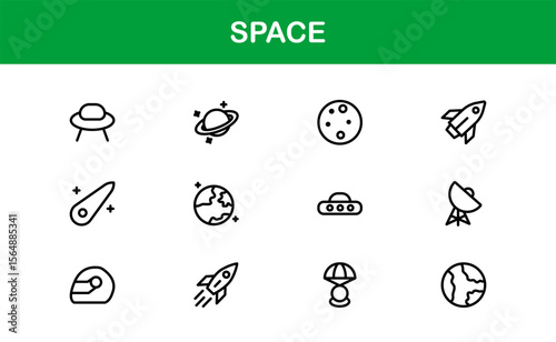Space, Modern Line Icon Pack – A professional, minimal, and creative collection of cosmic and astronomy symbols in vector line art style.