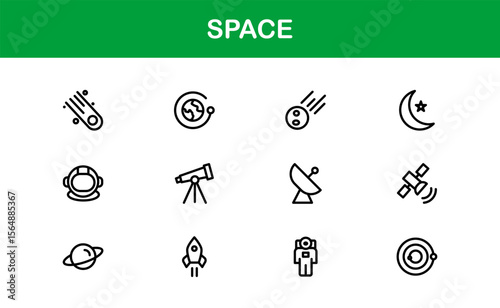 Space, Modern Line Icon Pack – A professional, minimal, and creative collection of cosmic and astronomy symbols in vector line art style.