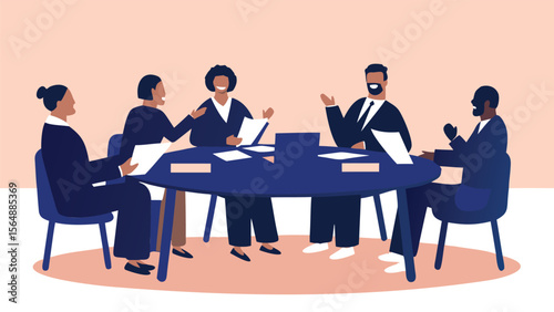 Illustration of five business people sitting around a table in a meeting discussing documents and ideas