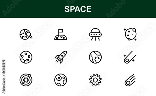 Space, Modern Line Icon Pack – A professional, minimal, and creative collection of cosmic and astronomy symbols in vector line art style.