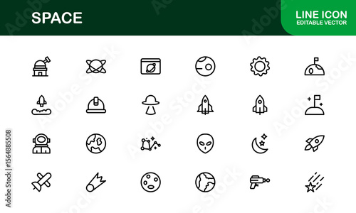 Space, Modern Line Icon Pack – A professional, minimal, and creative collection of cosmic and astronomy symbols in vector line art style.