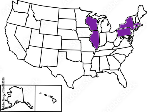 Map highlighting U.S. Ivy League states with borders only, perfect for education, academia, college maps, and cultural geography visuals.

 photo