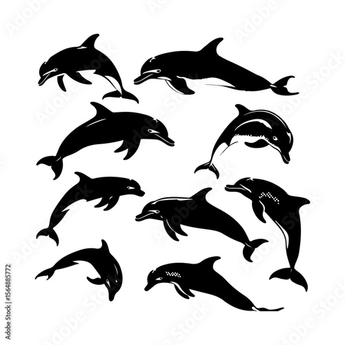 Dolphin Silhouette Set Clipart on White Background